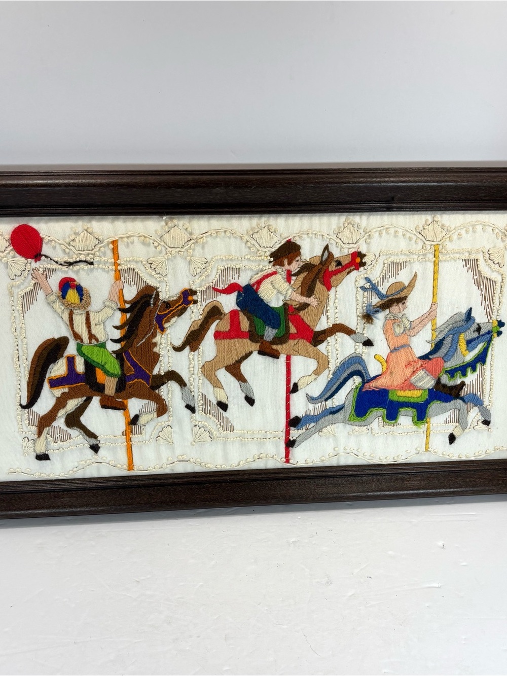Vtg 1970’s Handmade Framed Needlepoint Crewel Carousel Horses Kids Fair 23x13”